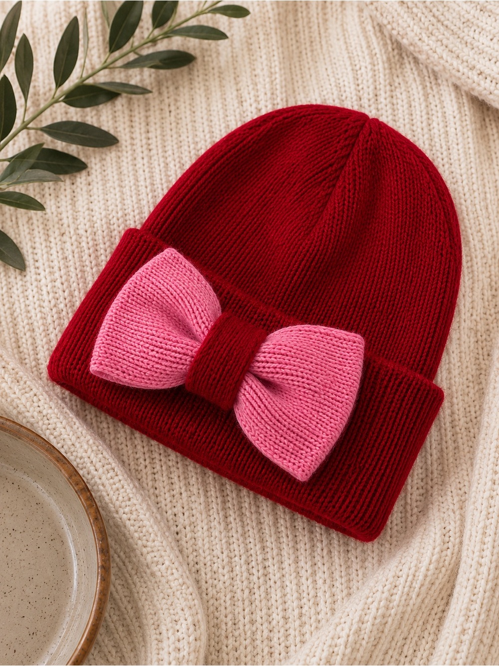 kate spade Red Beanie with Pink Bow Accent